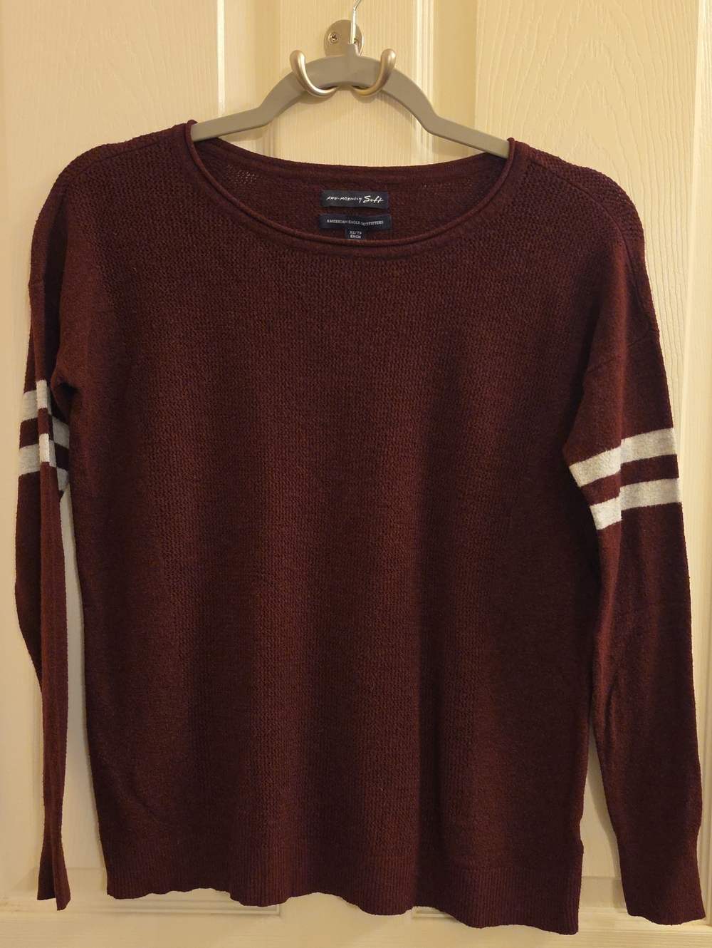 American Eagle Oversized Burgundy Varsity Stripe Knit Crewneck Sweater
